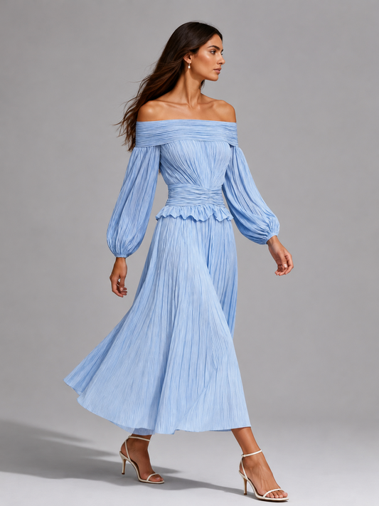 Alora Women's Pleated Off-Shoulder Dress – Elegant Midi Formal Outfit 1