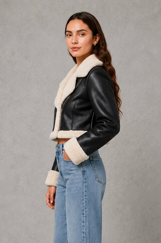 Niora Women's Cropped Jacket – Faux Fur Collar Stylish Winter Layer 1