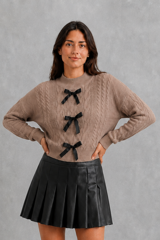 Cardigan Women - Cable Knit Bow Cardigan with Tie Front