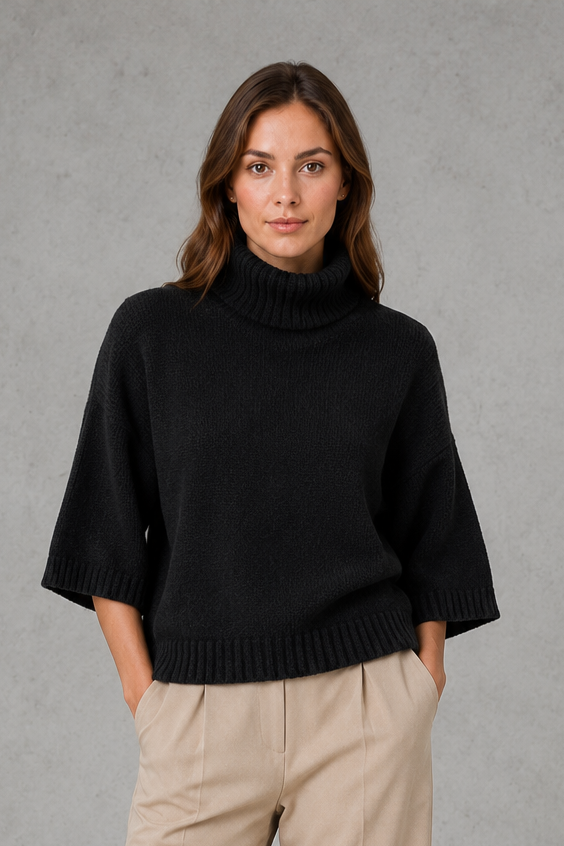 Sweater Women - High Neck Batwing Jumper with Textured Waist
