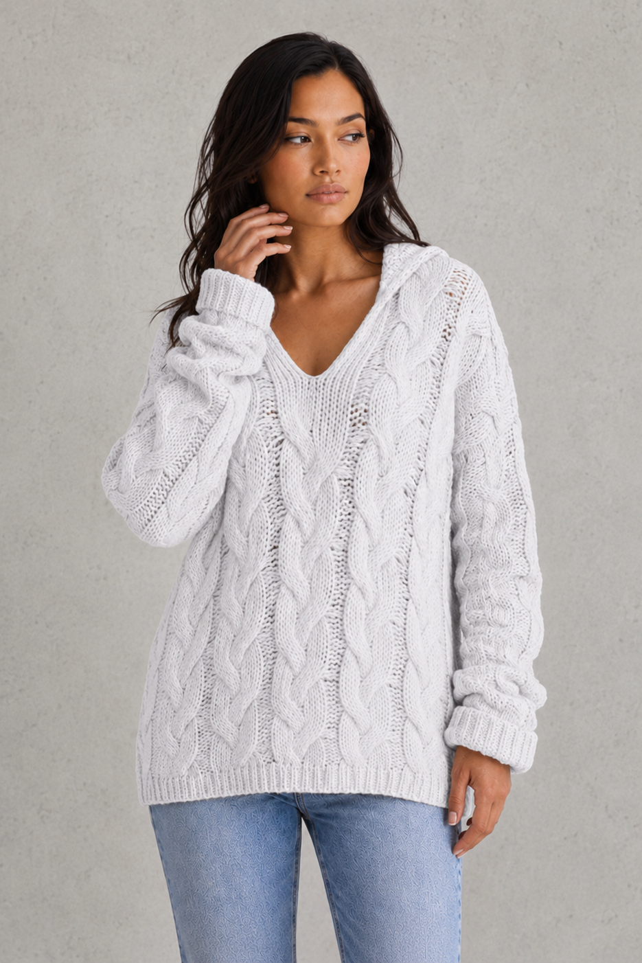 Hoodie Women - Cable Knit Hoodie with V-Neck