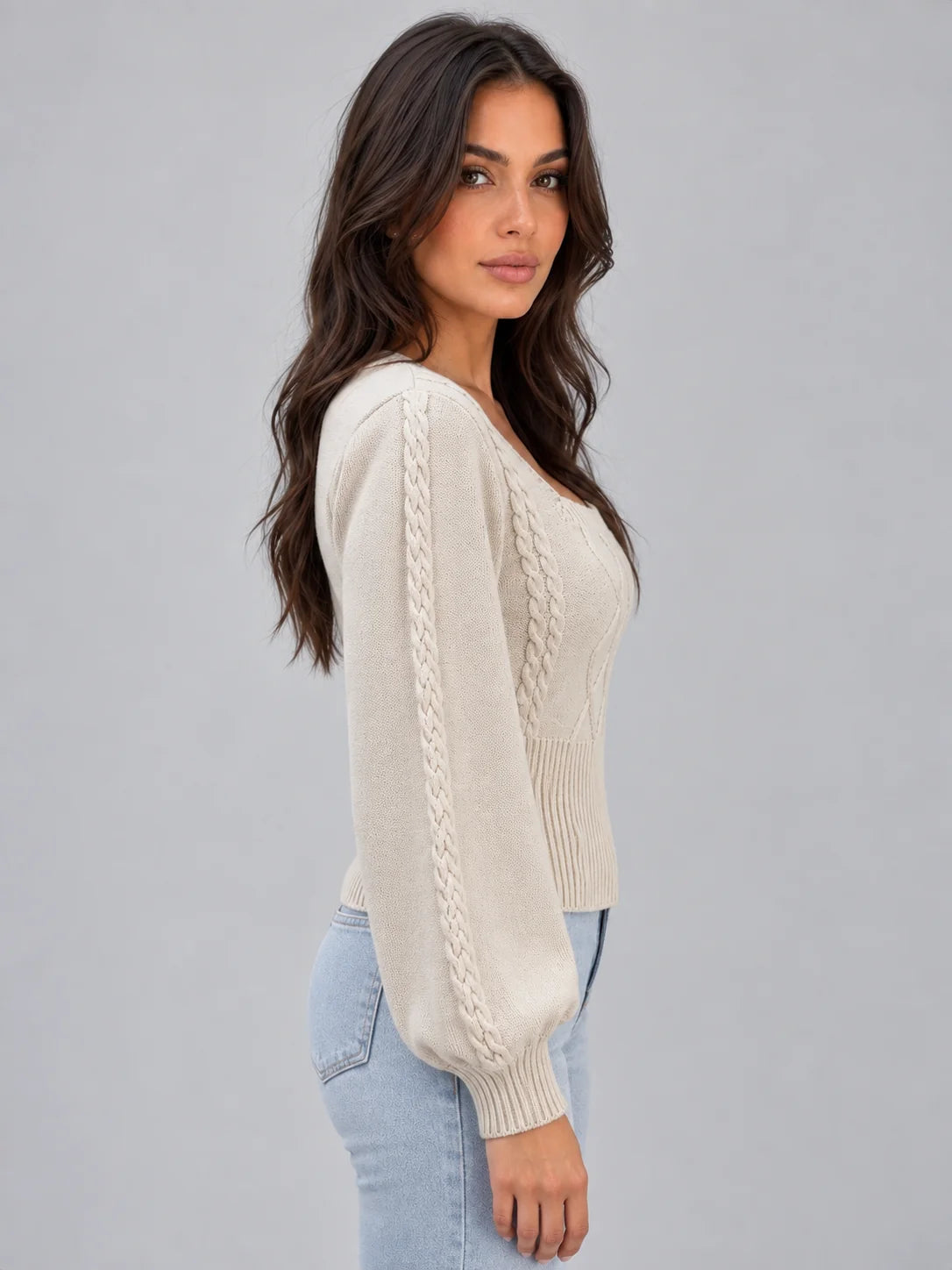 Women's Square Neck Cable Knit Jumper – Chic Balloon Sleeve Elegance 2