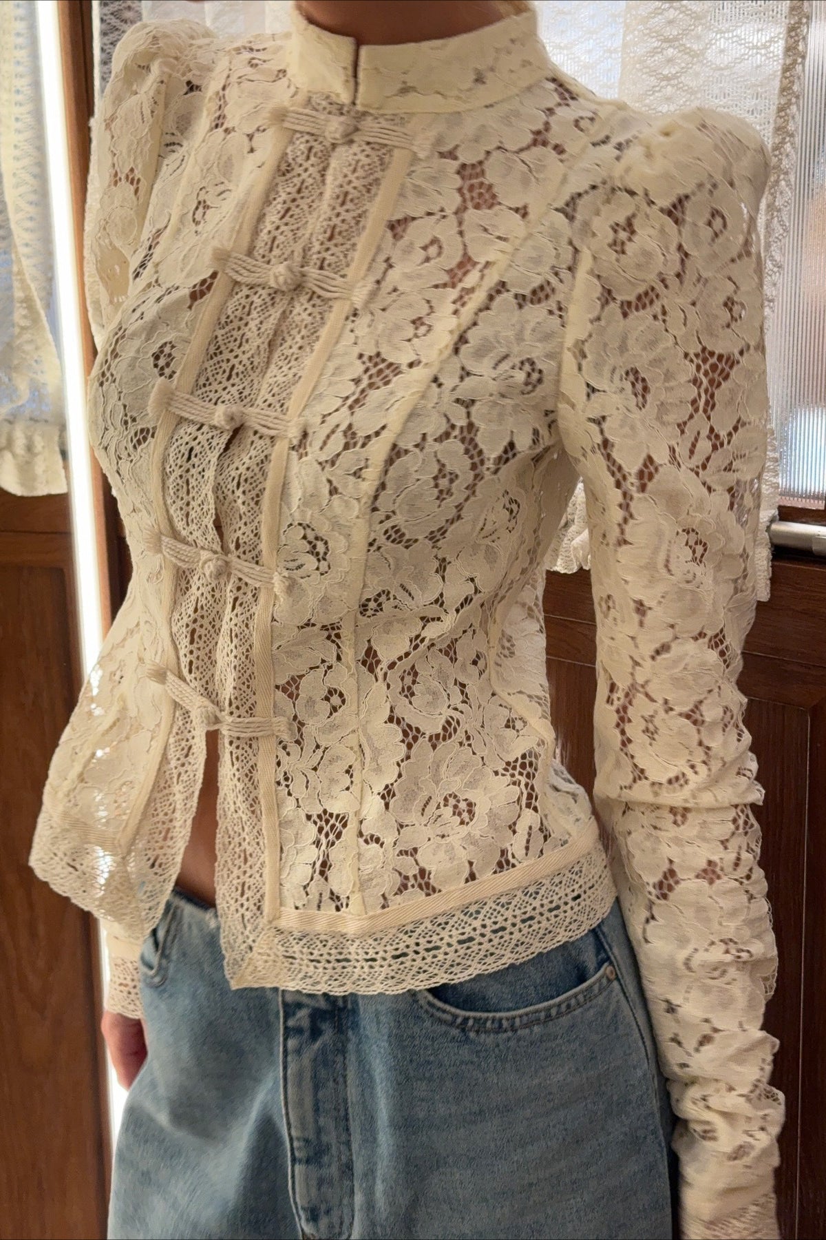 Blouse Women - Floral Lace Blouse with Mandarin Collar