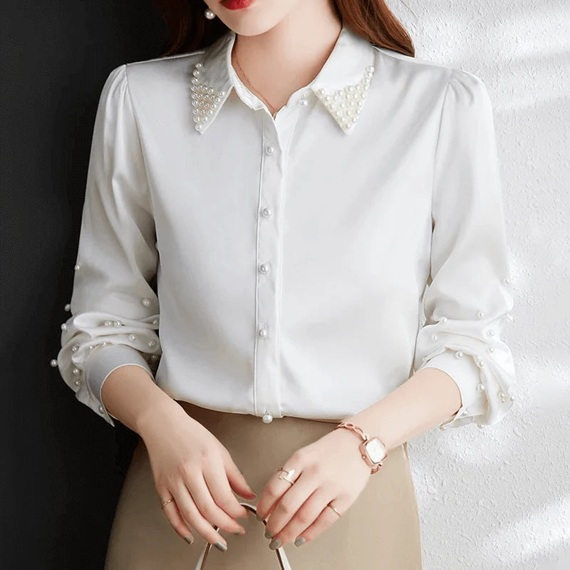 Blouse Women - Pearl-Embellished with High-Low Hem