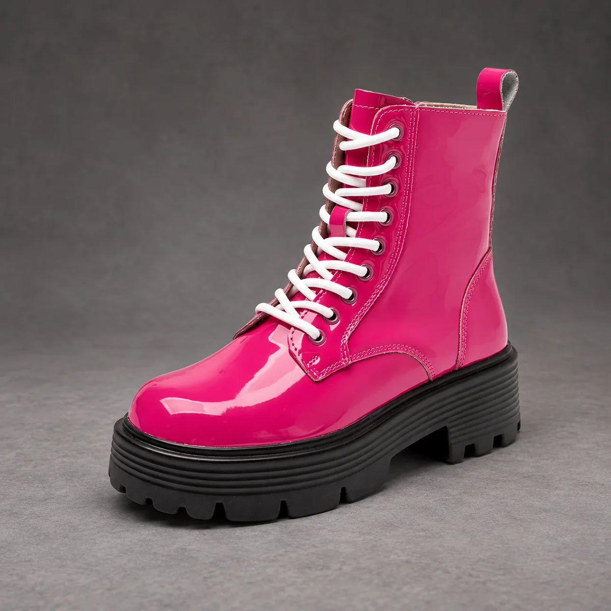 Boots Women - Glossy Patent Platform Combat Boots with Side Zip