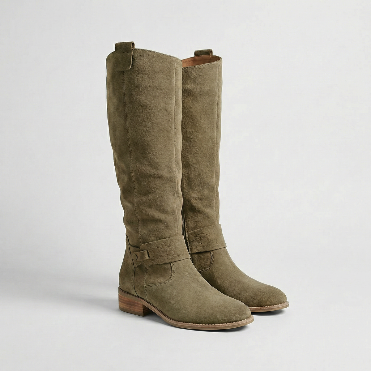 Boots Women - Knee High Slouch Boots with Buckle Strap and Low Heel