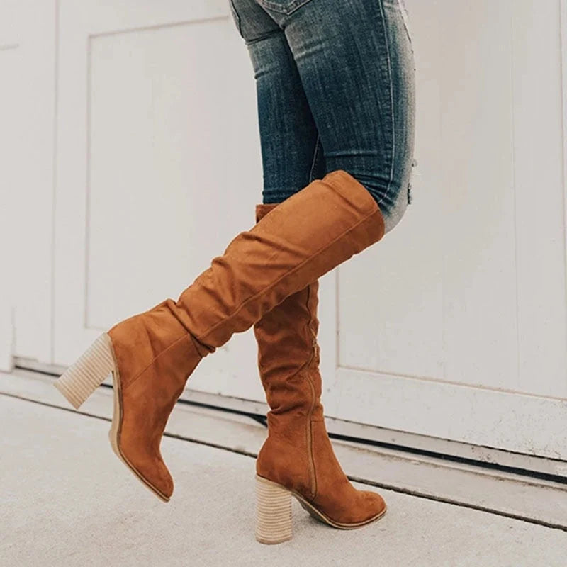 Boots Women - Knee-High Slouchy Boots with Block Heel and Zip