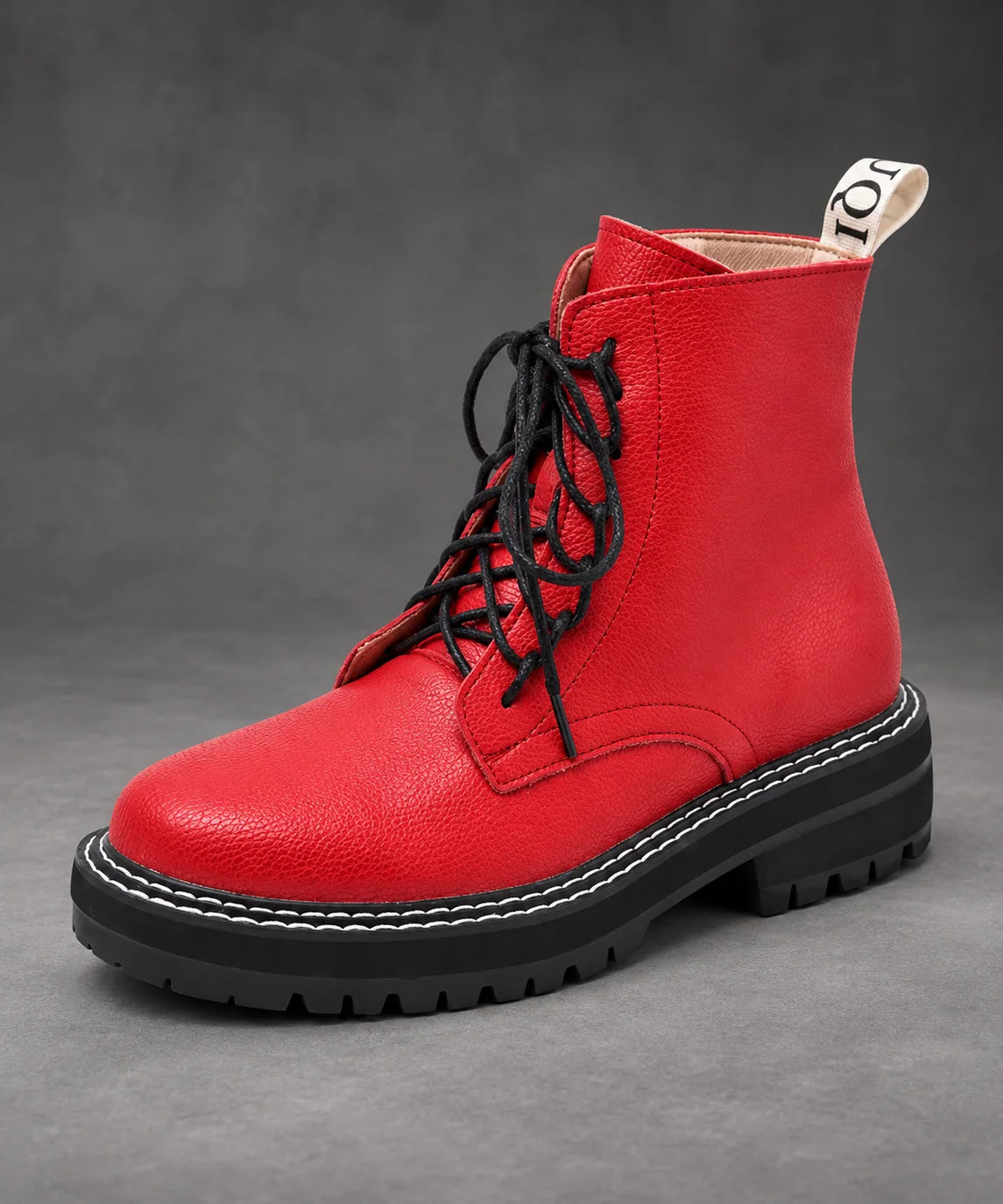 Boots Women - Pebbled Lace-Up with Side Zip and Chunky Lug Sole