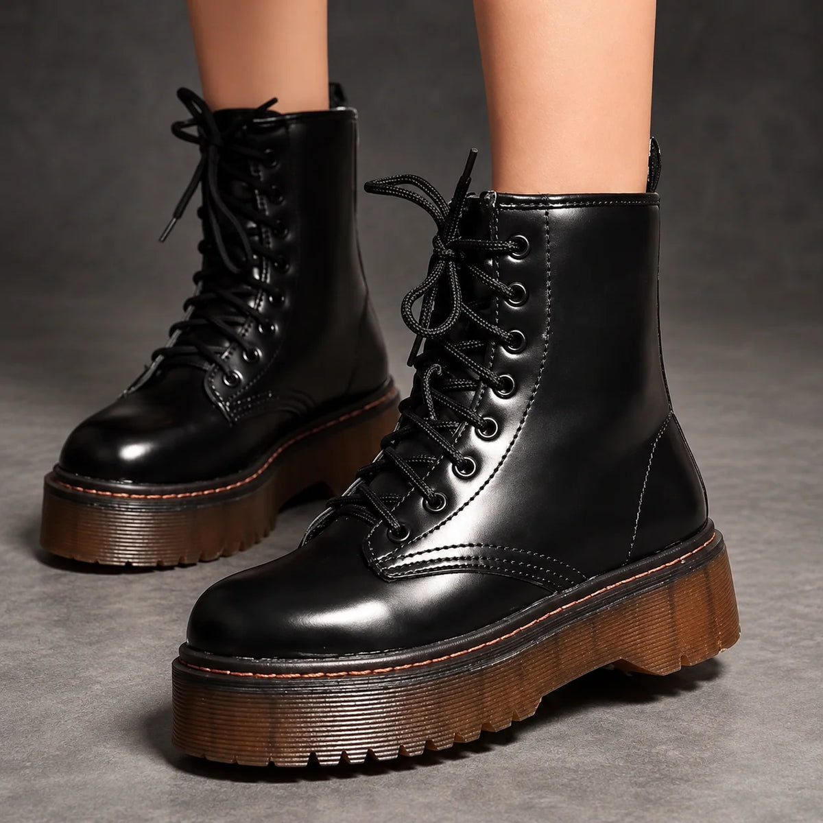 Boots Women - Platform Combat Boots with Lace-Up Front and Side Zip