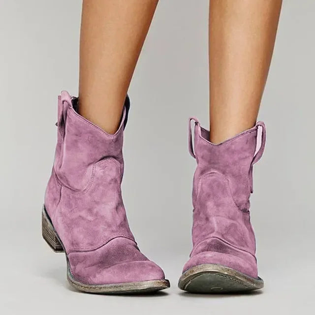 Boots Women - Western Ankle Boots with Pull Tabs and Low Block Heel