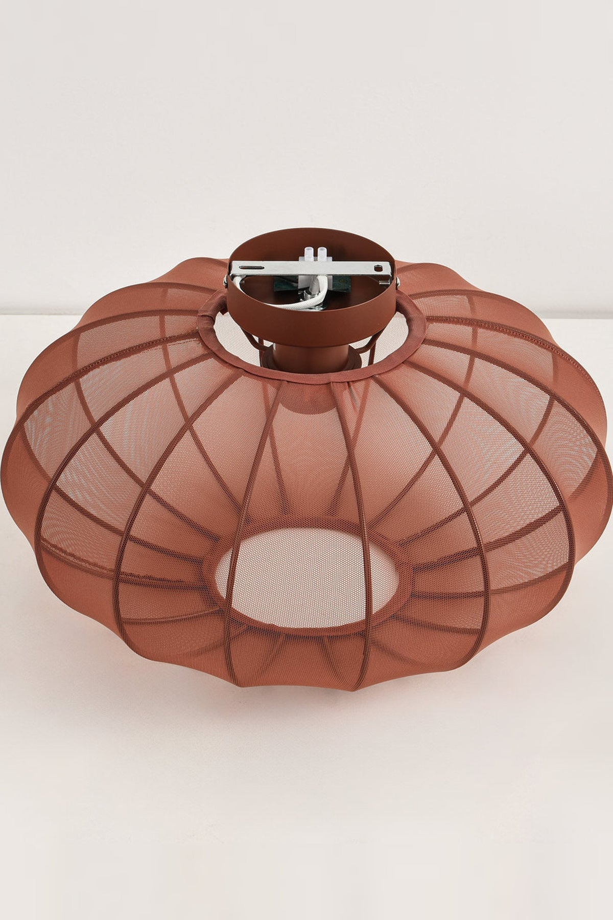 Round Mesh Ceiling Light – terracotta pink, sheer fabric panels, open base