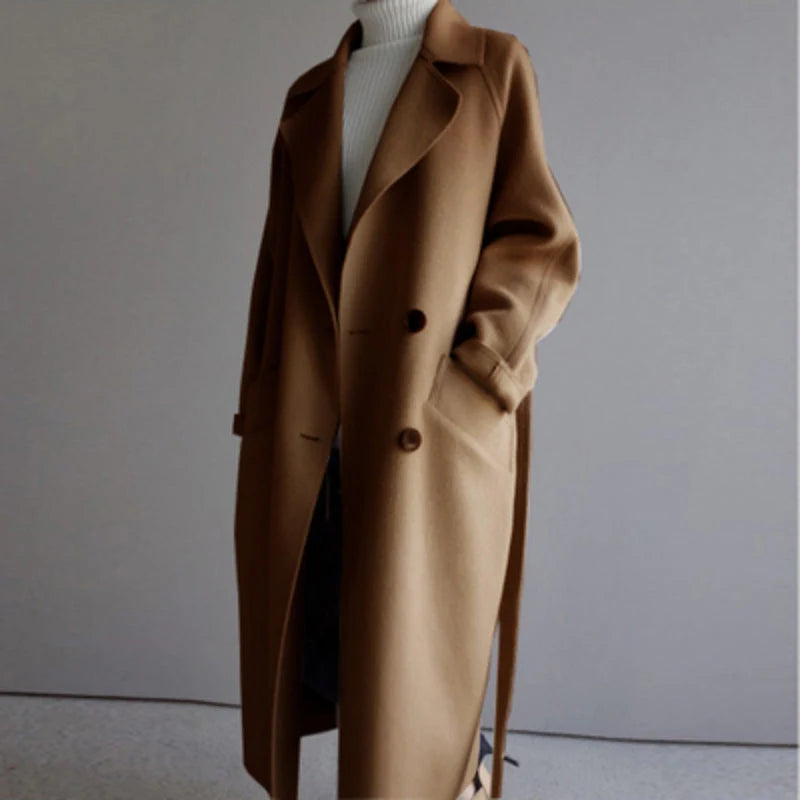 Coat Women - Double-Breasted Longline with Wide Lapels