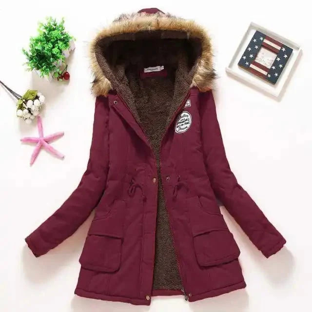 Coat Women - Hooded with Fleece Lining and Faux Fur Trim