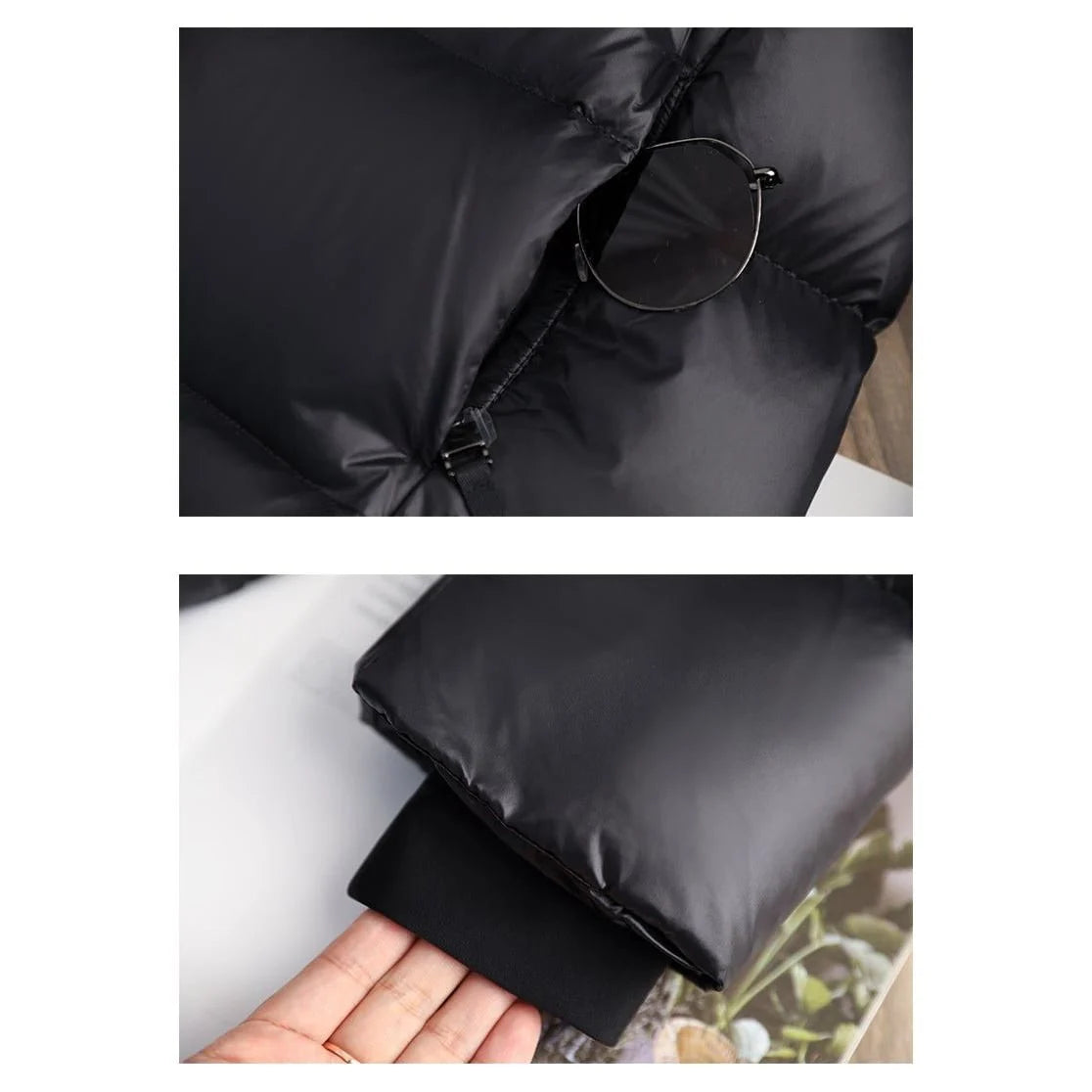 Coat Women - Long Black Puffer with Quilted Hood
