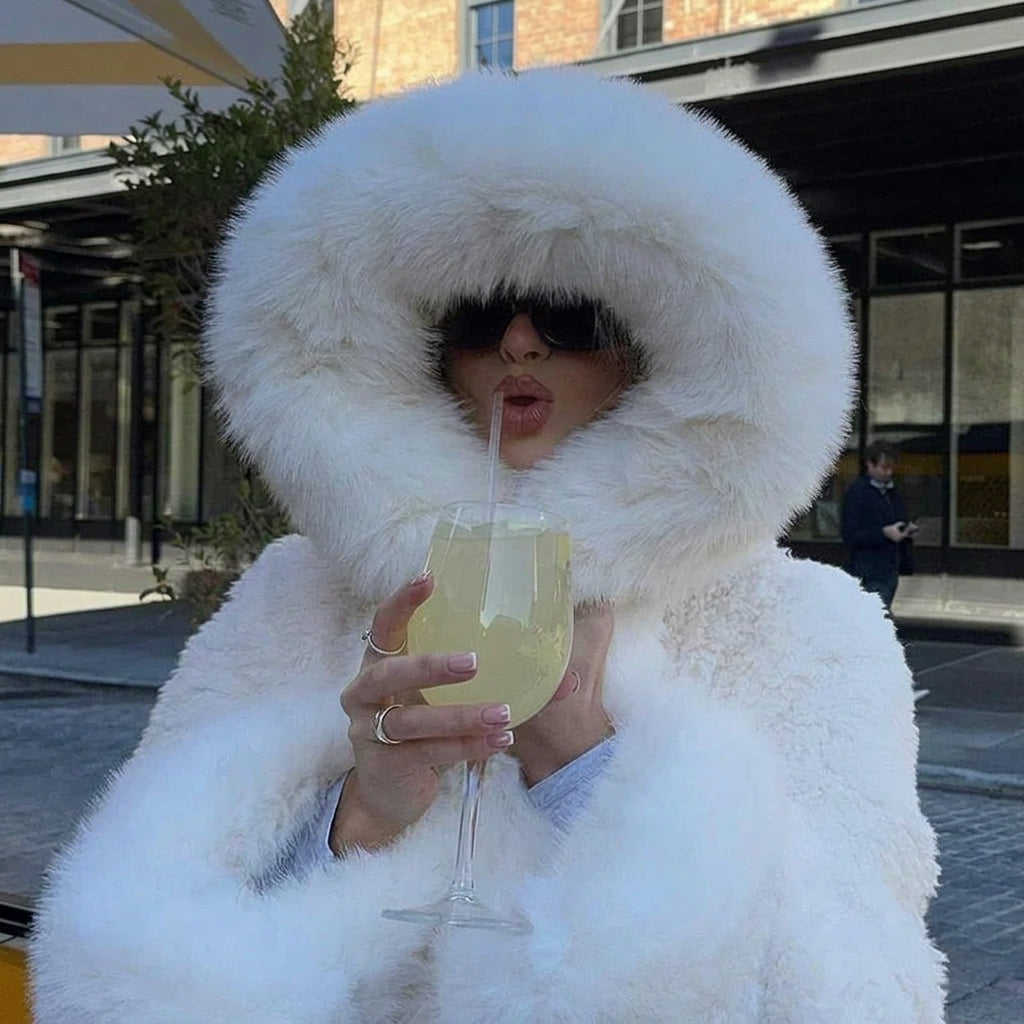 Coat Women - Oversized Faux Fur with Attached Hood