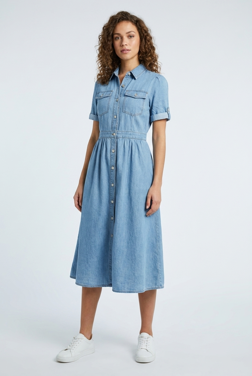 Mini Dress Women - A-Line Denim Dress with Button Front