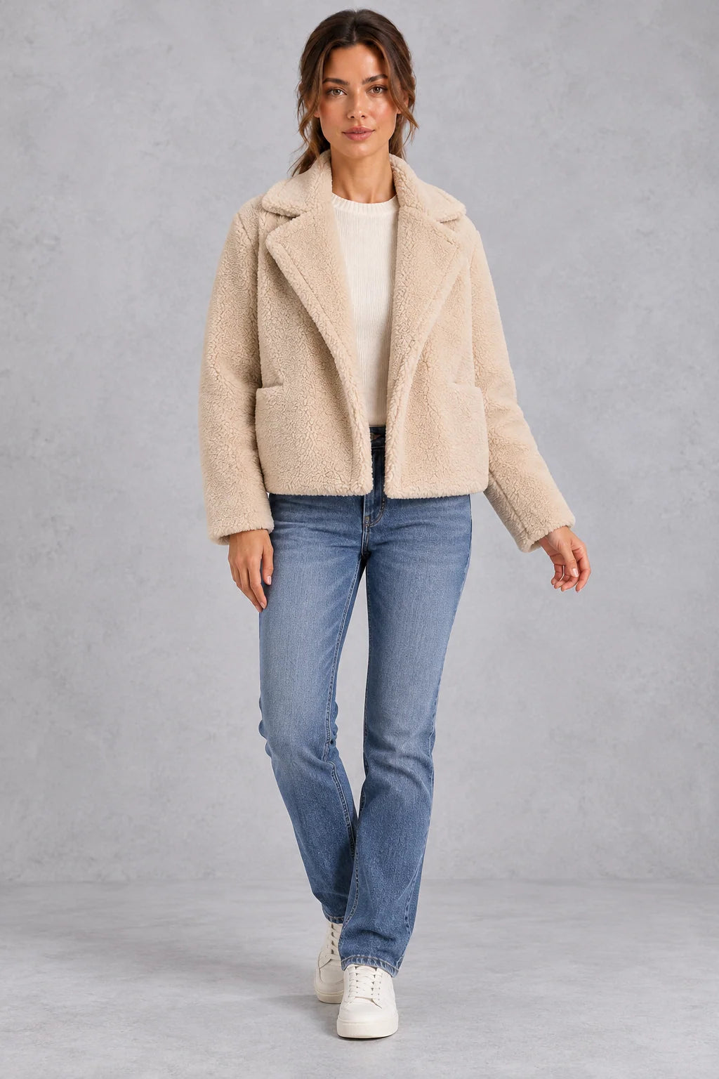 Jacket Women - Cropped Teddy Jacket with Notched Lapels and Patch Pockets