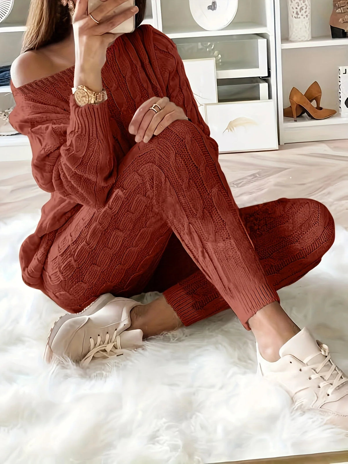 Loungewear Set Women - Cable Knit Jumper with Off-Shoulder