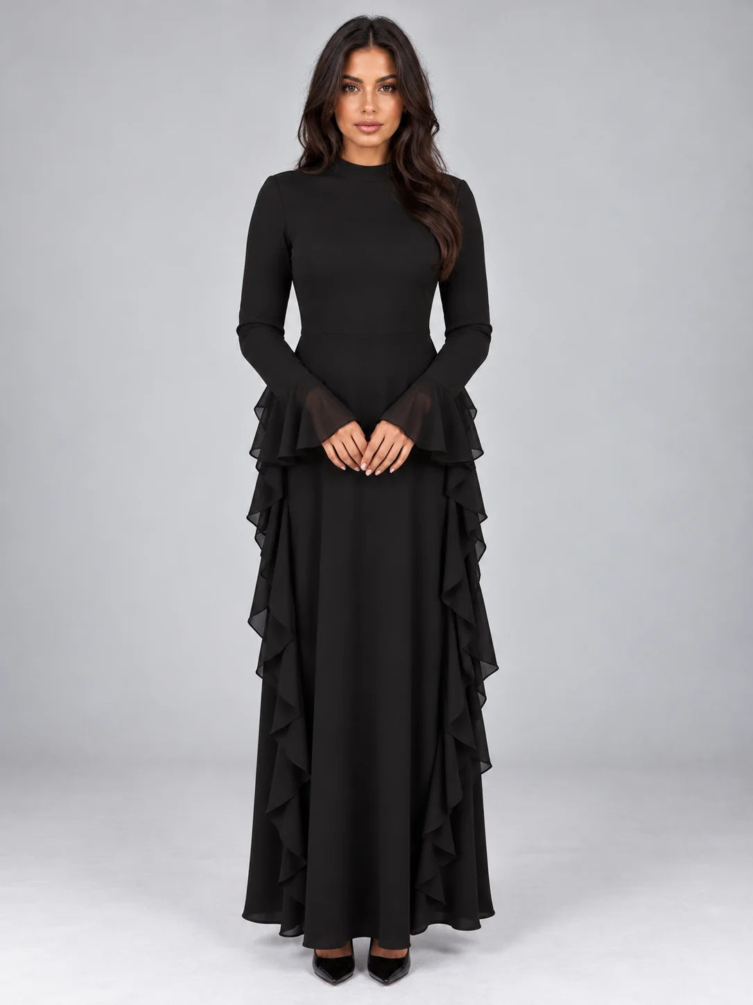 Maxi Dress Women - High Neck Ruffled Evening Gown