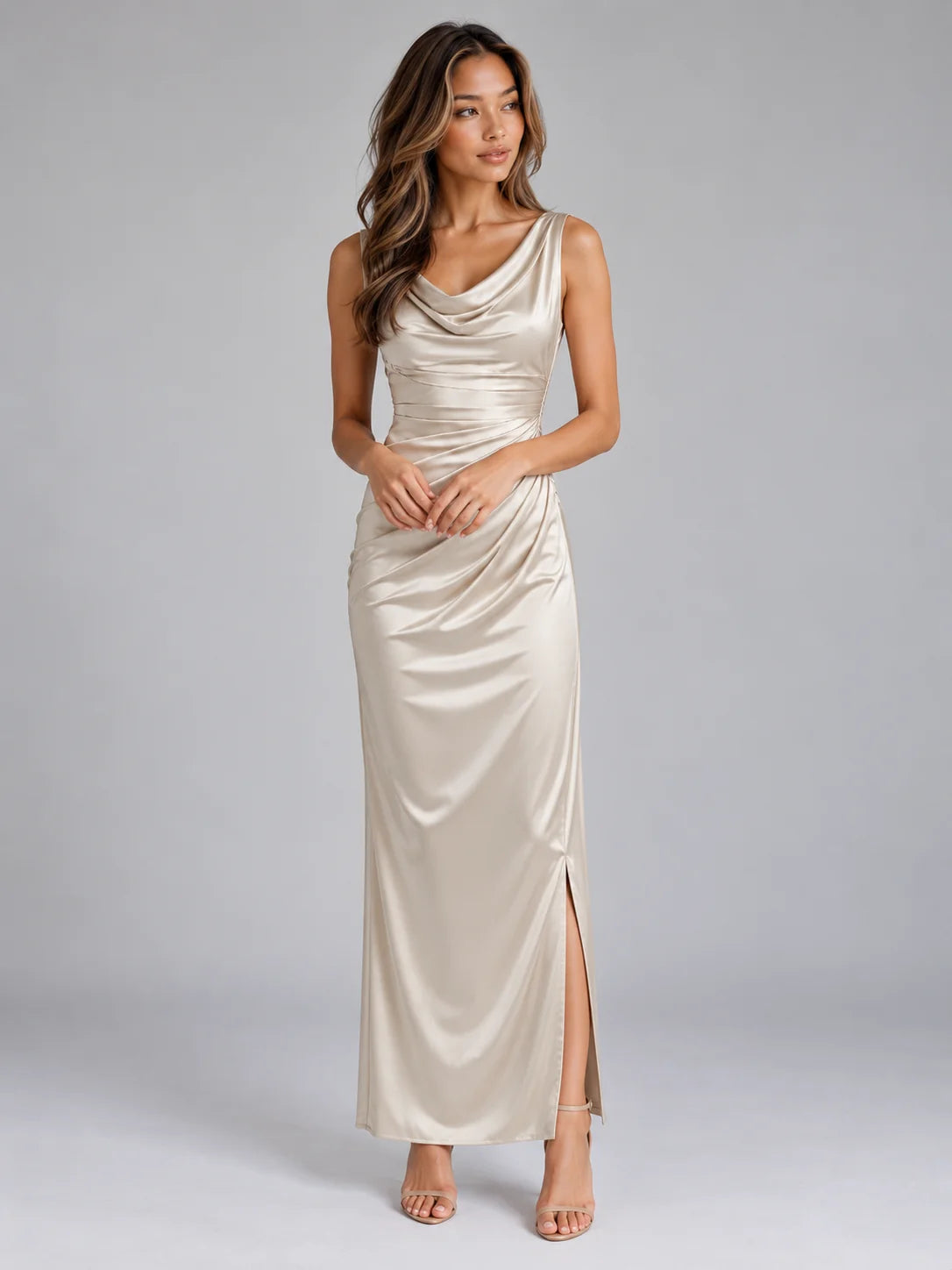 Maxi Dress Women - Satin Cowl Neck Sleeveless