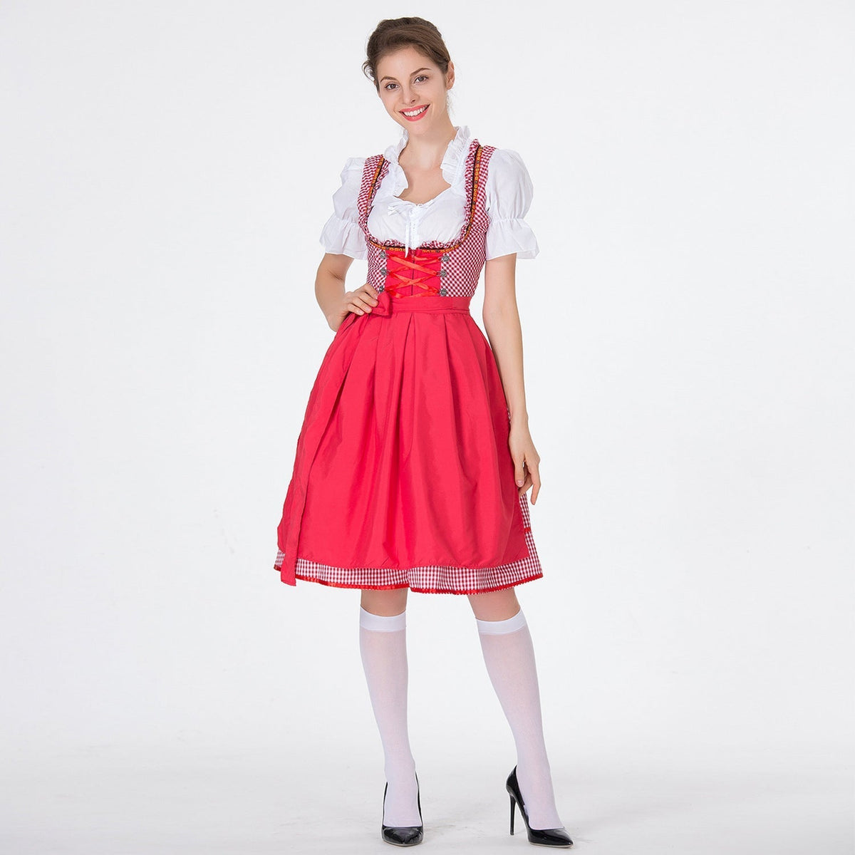 Midi Dress Women - Bavarian Gingham Dirndl Dress with Lace-Up Bodice and Apron