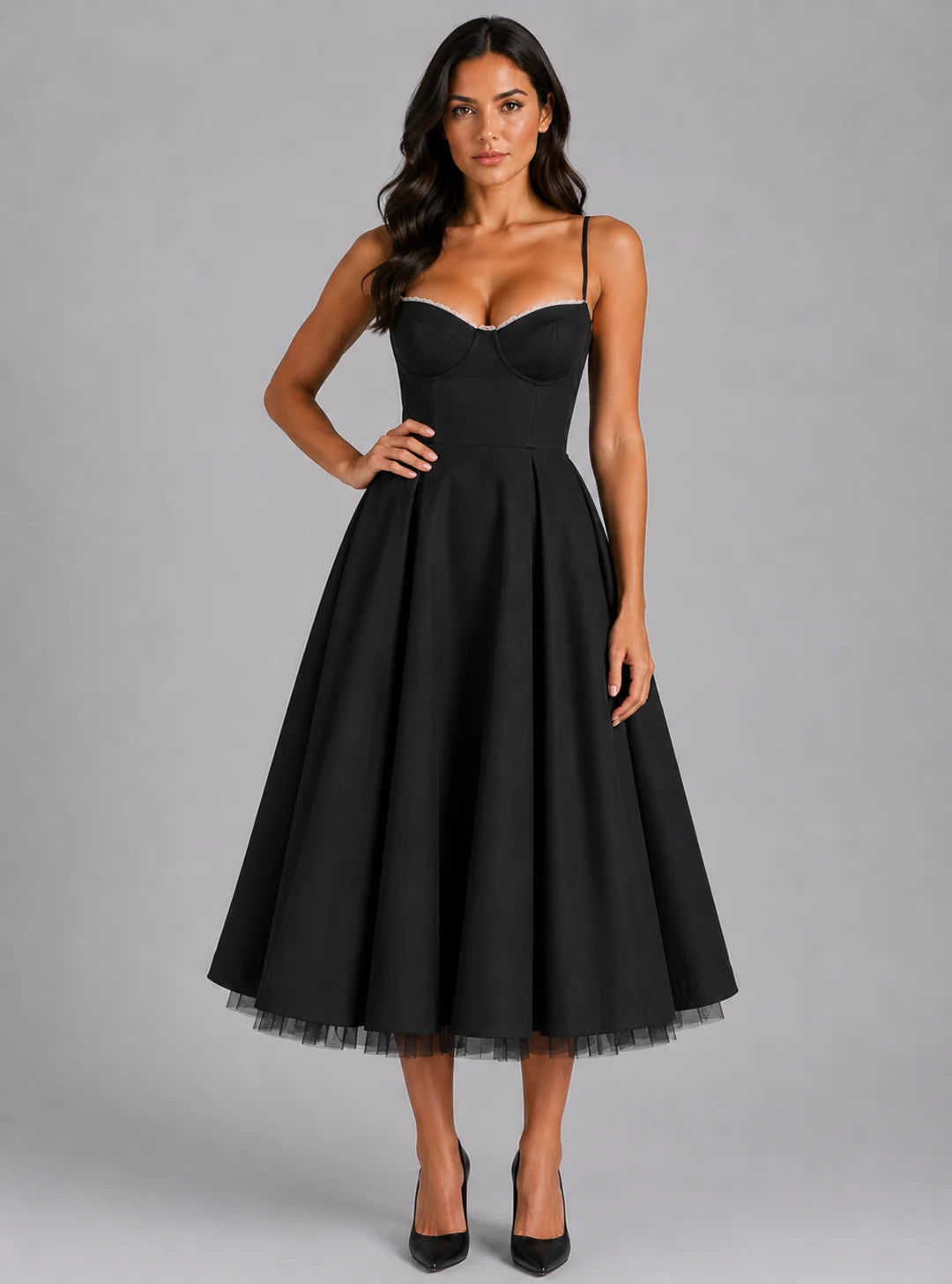 Midi Dress Women - Corset Bodice with Full Skirt