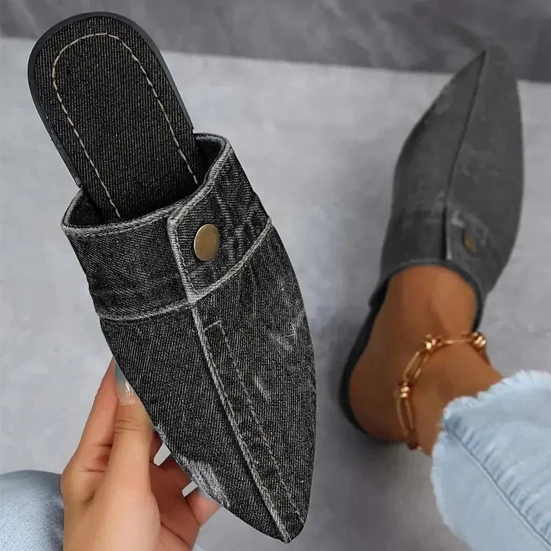 Mule Women - Structured Denim Slip-On with Pointed Toe
