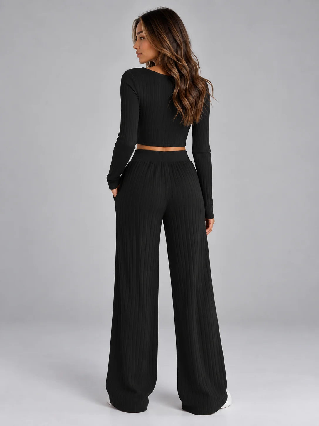 Set Women - Ribbed Knit Co-Ord Cropped Top and Trousers
