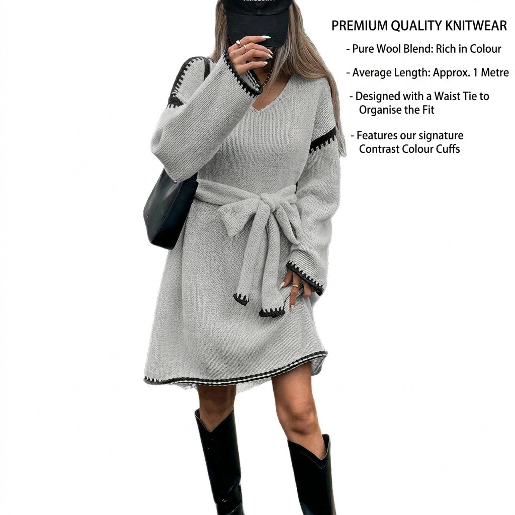 Sweater Dress Women - Belted V-Neck with Long Sleeves