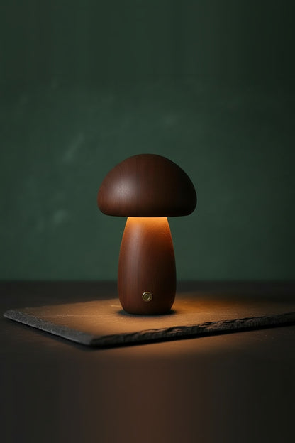 Wooden Mushroom Night Light – solid timber, touch dimmable, USB rechargeable