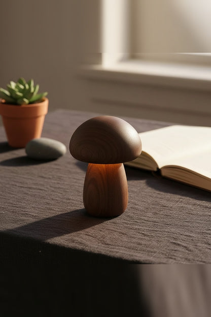 Wooden Mushroom Night Light – solid timber, touch dimmable, USB rechargeable