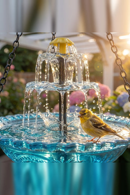 Hanging Bird Bath with Solar Fountain – Glass Bowl on a Chain
