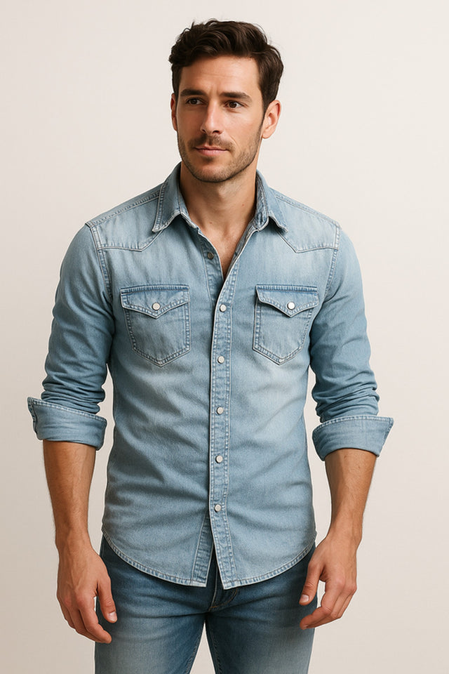 Shirt Men - Denim Rugged Casual Shirt with Long Sleeves