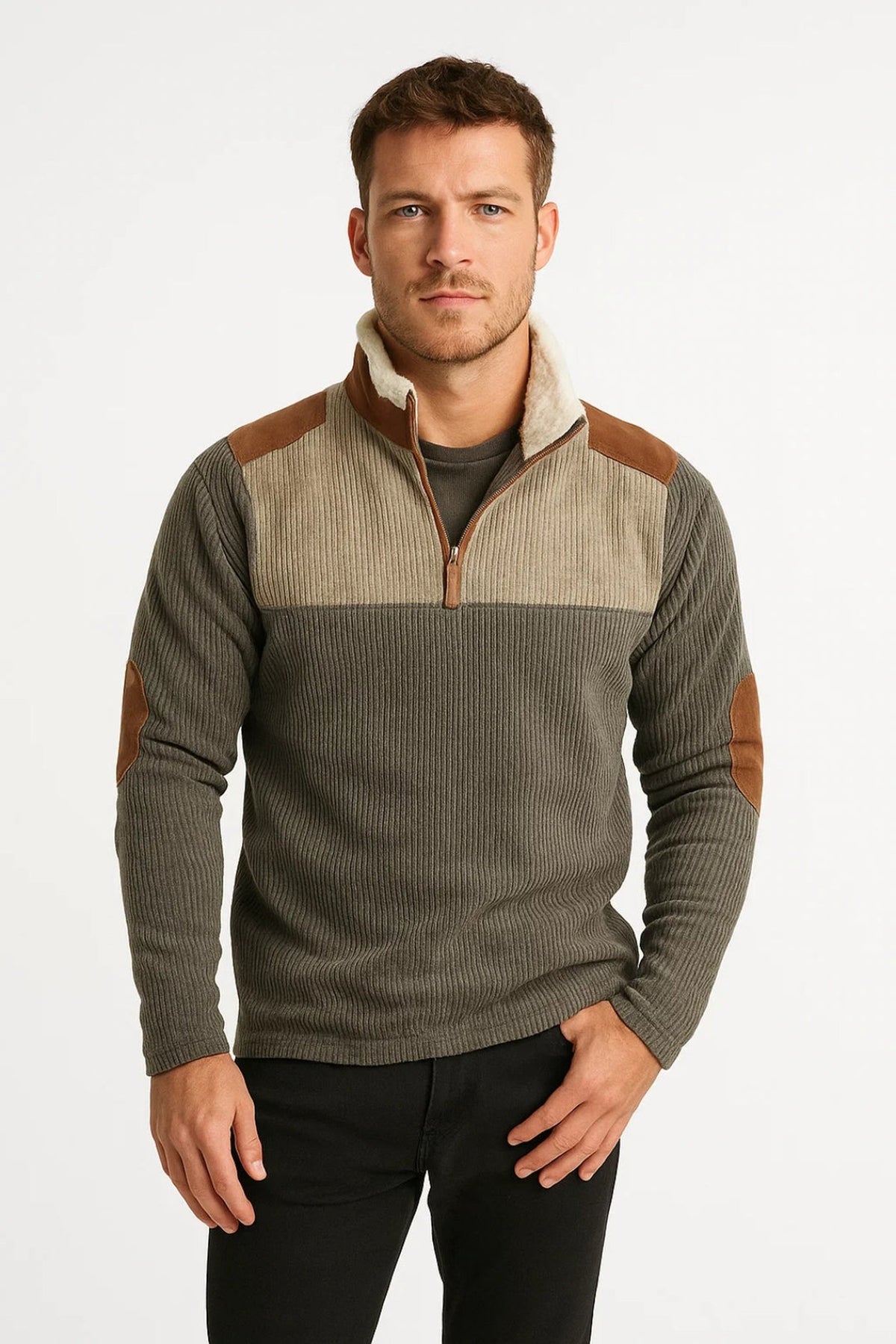 Pullover Men - Oversized Warm Comfort Pullover with Zip Detail