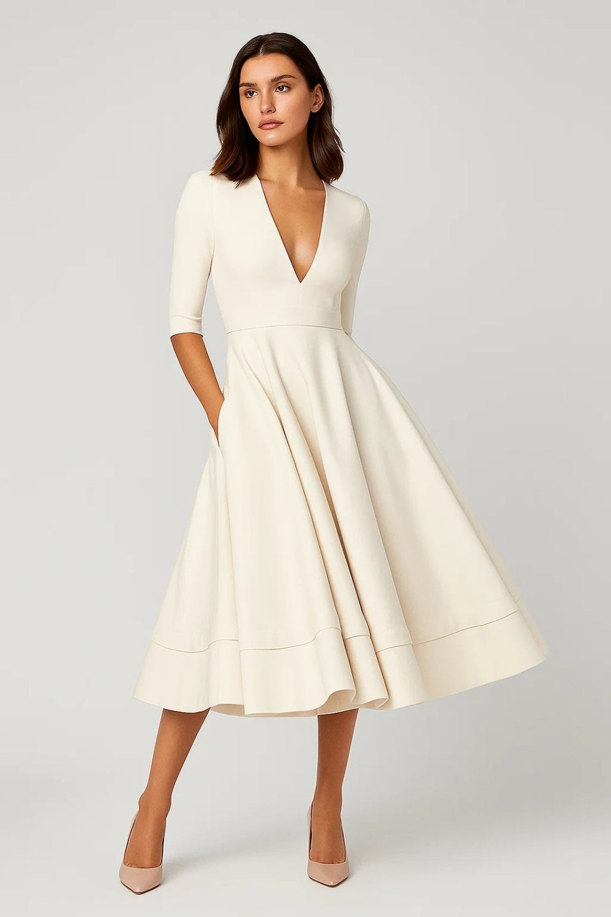 Dress Women - Midi Three-Quarter Sleeve Dress with V-Neckline