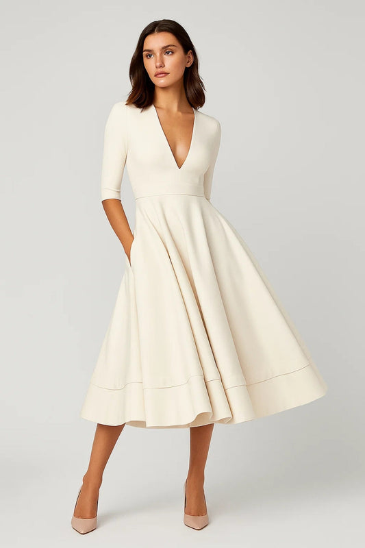 Dress Women - Midi Three-Quarter Sleeve Dress with V-Neckline