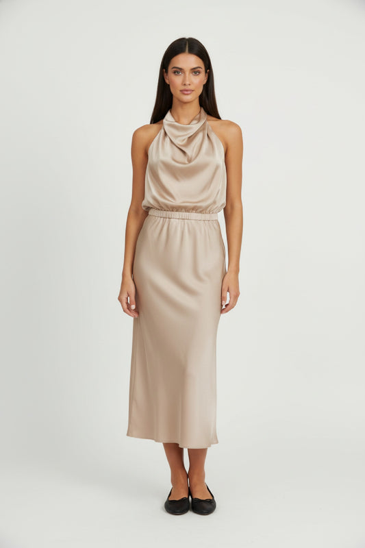Dress Women - Satin Midi Evening Dress with Asymmetric Cut