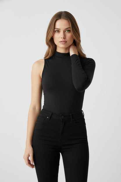 Bodysuit Women - Fitted Bodysuit with Choker Neckline and Asymmetric Cut