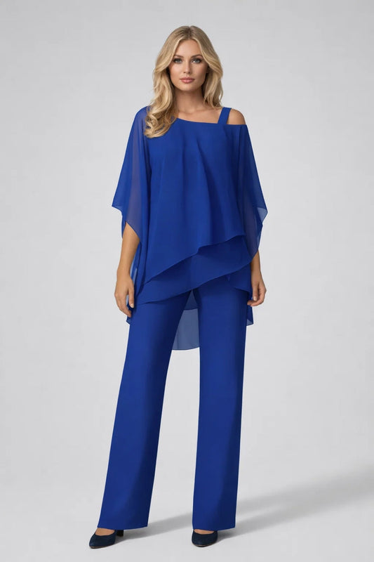 Set Women - Layered Top Trousers Outfit with Asymmetric Cut