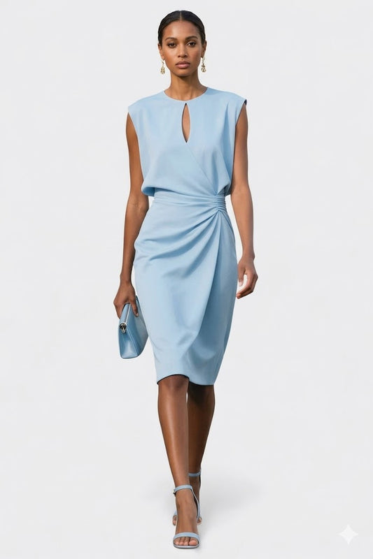 Midi Dress Women - Draped Ruched Keyhole Dress
