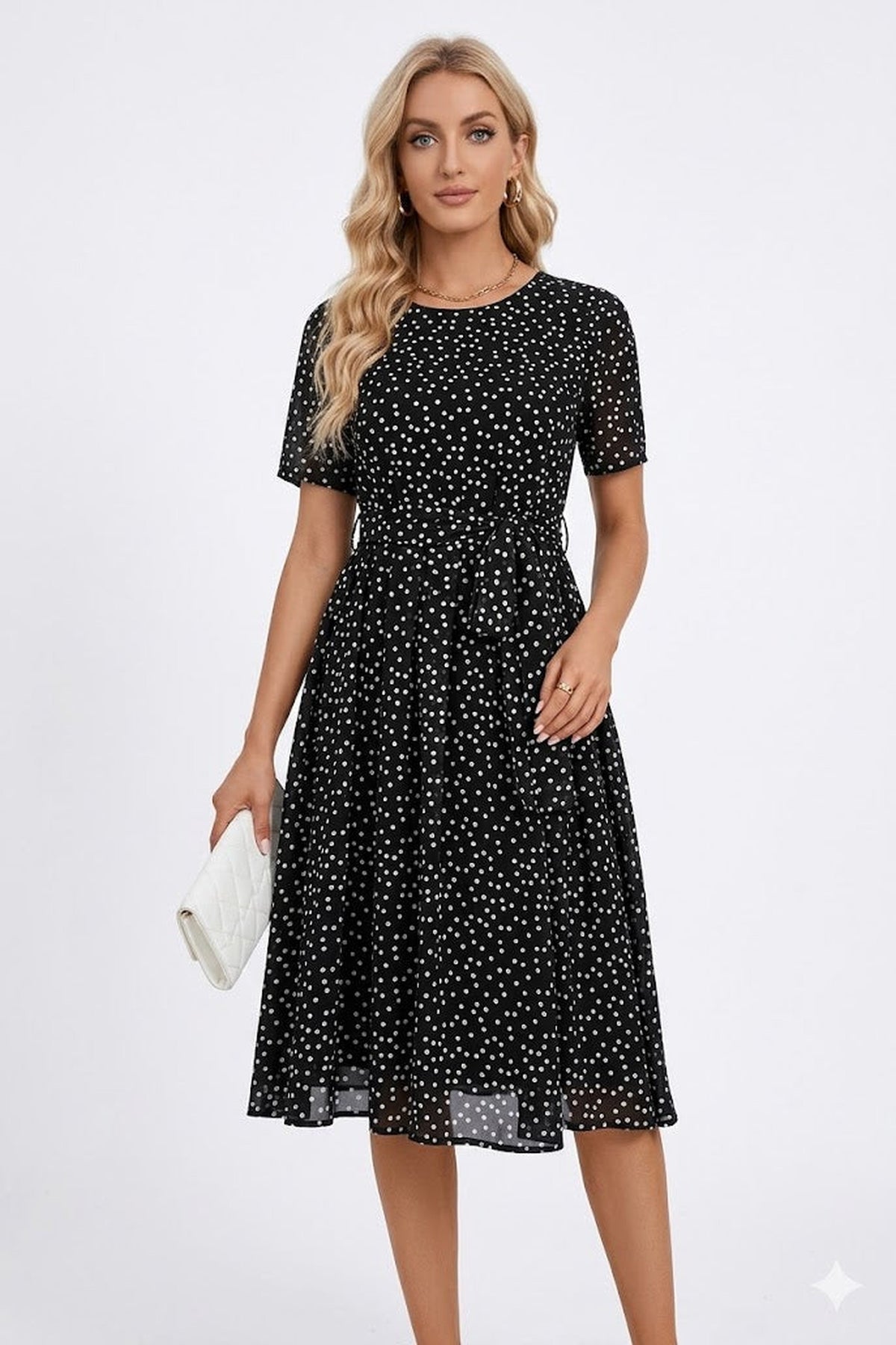 Midi Dress Women - Polka Dot A-Line Dress with Short Sleeves