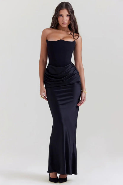 Maxi Dress Women - Satin Bodycon Corset Dress with Strapless Design