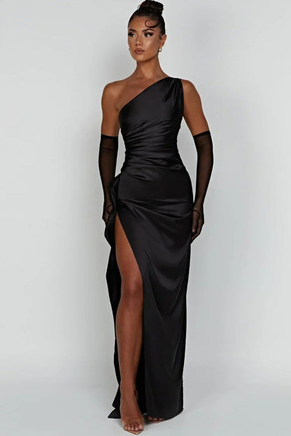 Maxi Dress Women - Satin Ruched Slit Dress with One-Shoulder Neckline