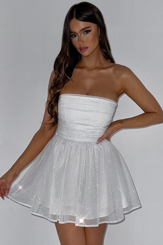 Mini Dress Women - Tulle Flared Dress with Sparkle Detail and Strapless Design