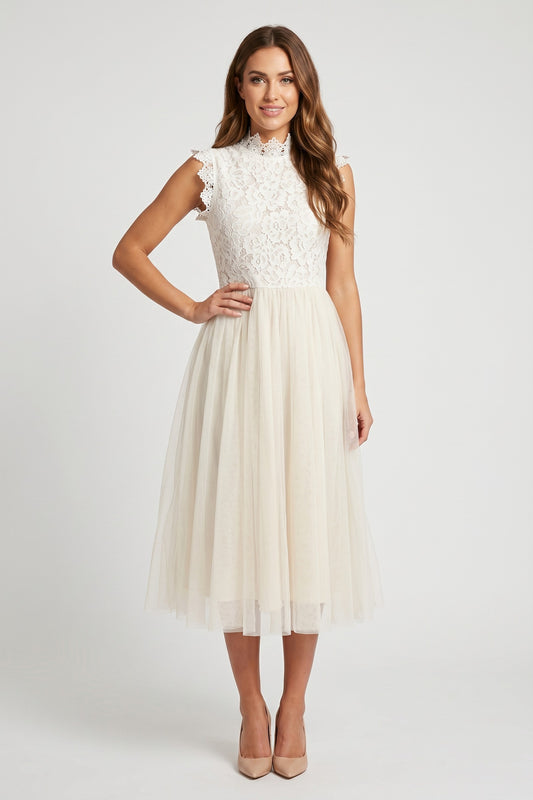 Midi Dress Women - Tulle Ruffle Dress with Layered Skirt