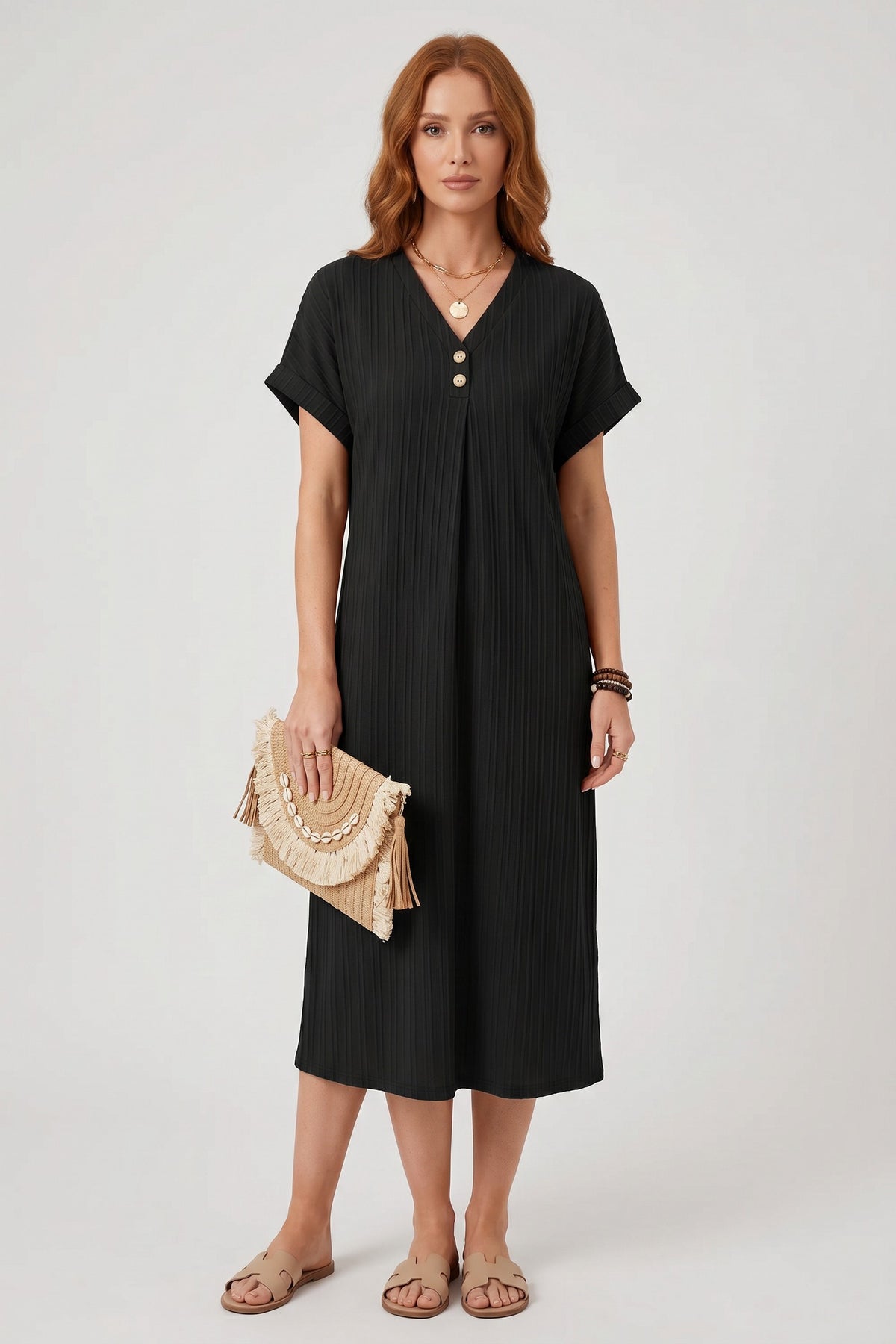 Midi Dress Women - V-Neck Summer Dress with Short Sleeves