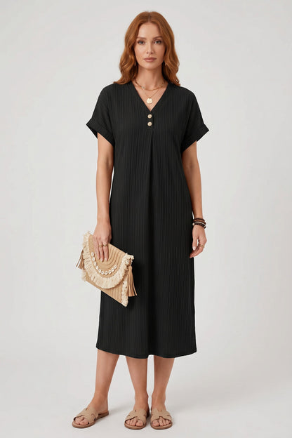 Midi Dress Women - V-Neck Summer Dress with Short Sleeves