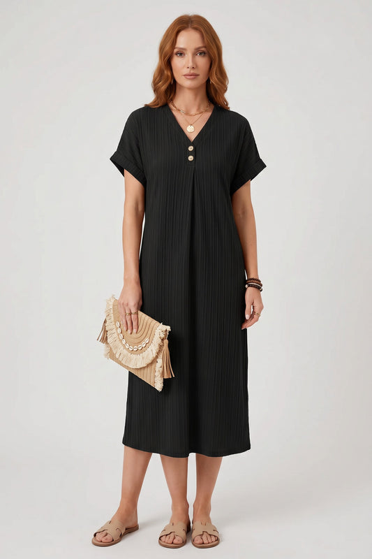 Midi Dress Women - V-Neck Summer Dress with Short Sleeves