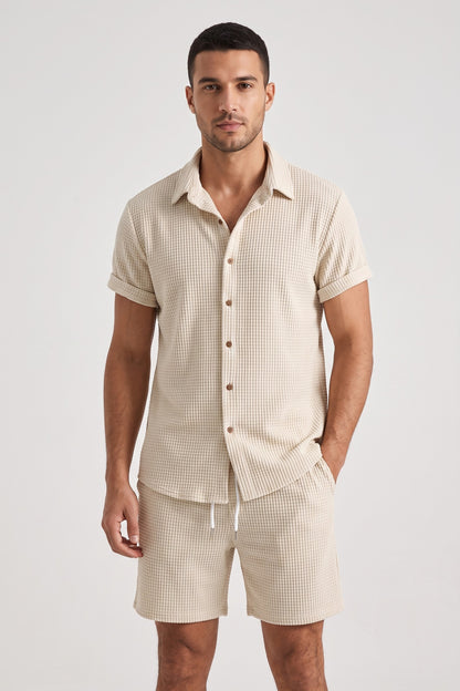 Set Men - Waffle Texture Two-Piece Summer Outfit with Short Sleeves