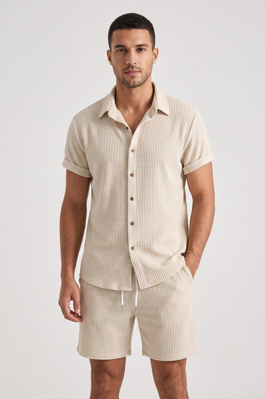 Set Men - Waffle Texture Two-Piece Summer Outfit with Short Sleeves